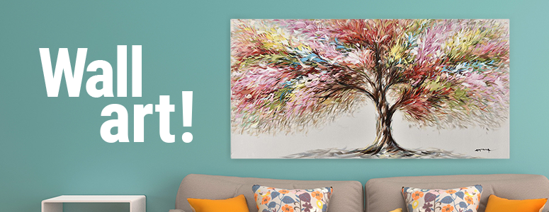 cyan wall couch colorful tree painting